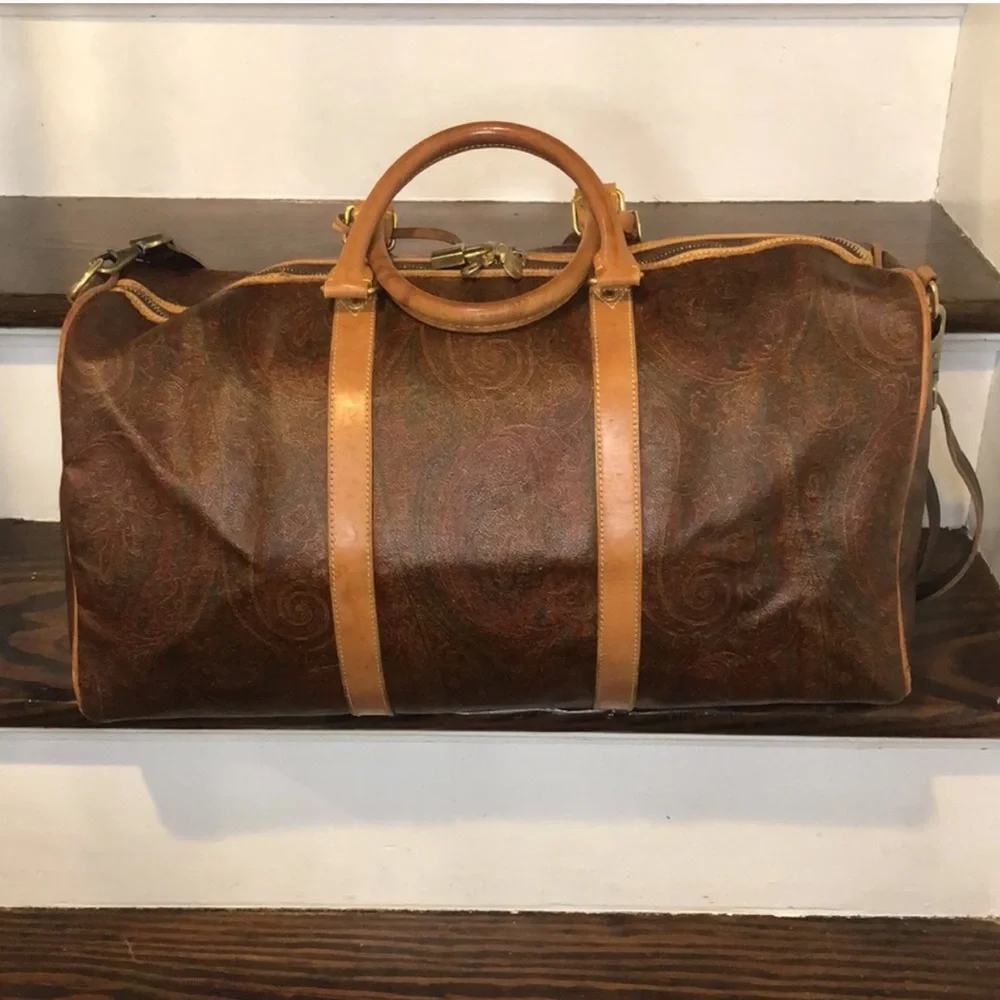 ETRO MILANO Paisley Coated Canvas Vachetta Leather Boston Shoulder Weekend Bag